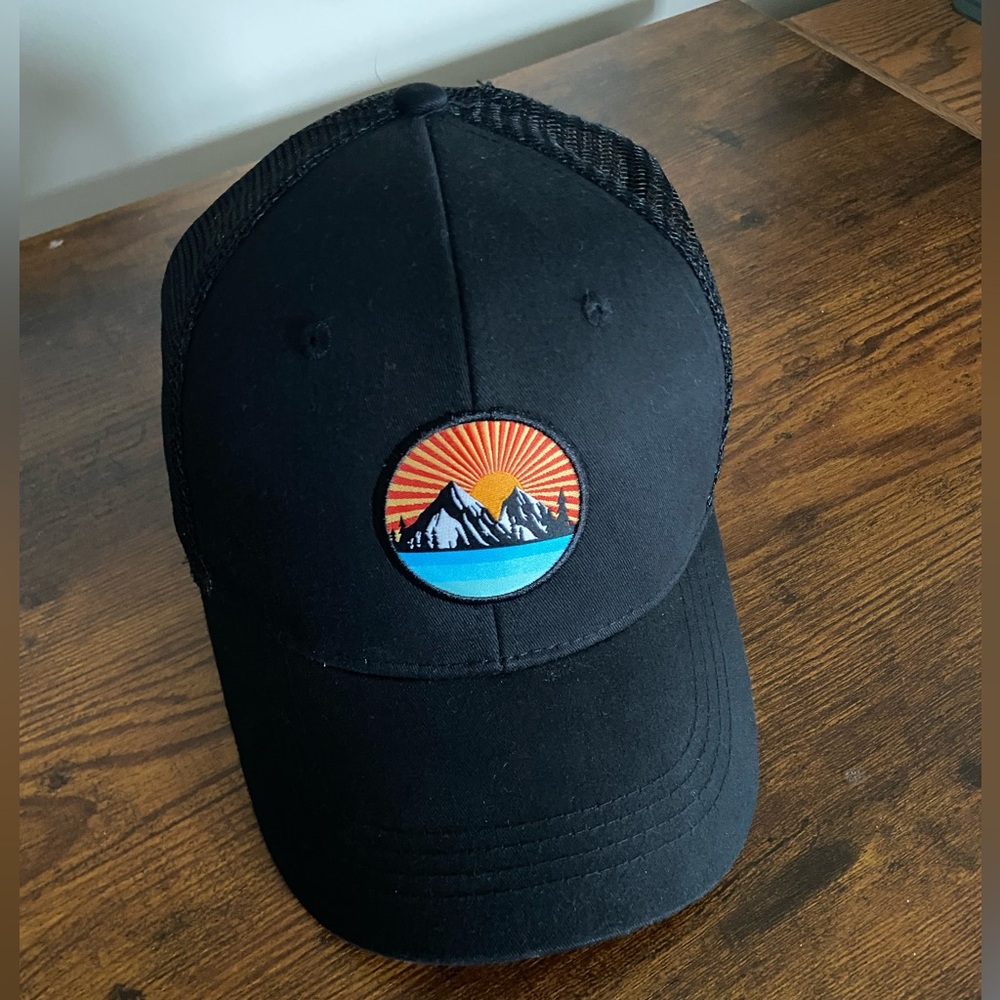 Black Trucker Hat with Sunset Mountain Patch